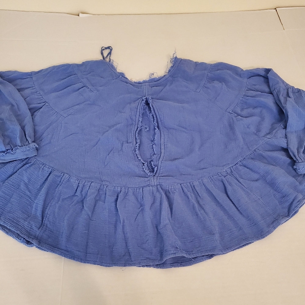 Free People Womens Blue Gauze Cotton Peplum Open‎ Back Long Sleeve Size Small - Picture 7 of 12